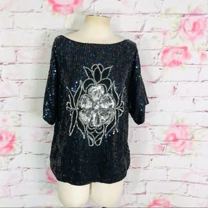 🔥5 for $25 sale🔥 Vintage Rainbow sequins dolman floral front silk blouse